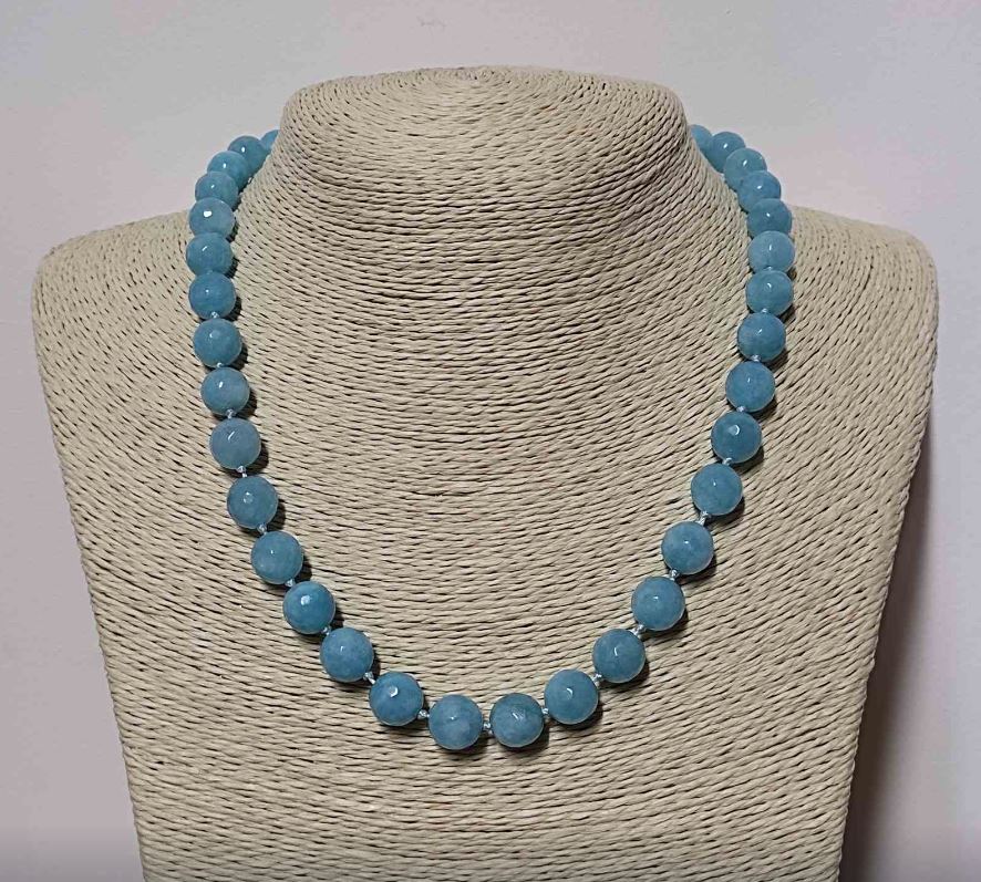 Aquamarine Necklace with Natural Stone Beads, Faceted Beads, 10mm Diameter, 49cm Length