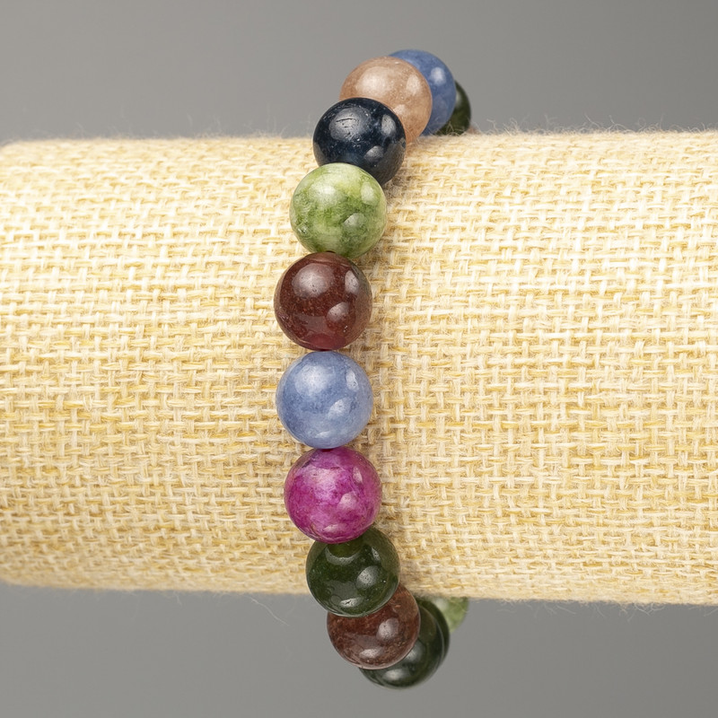 Bracelet with semi-precious stones, smooth beads, 10 mm diameter, 18 cm length (stretch)