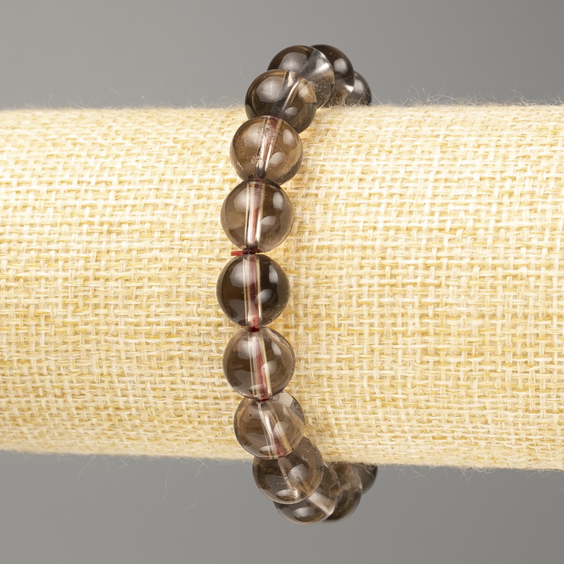 Bracelet with smoky quartz natural stone, smooth beads, 10 mm diameter, 18 cm length (stretch)