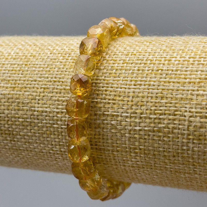 Bracelet with Citrine, natural gemstone, faceted cube beads, 7 mm diameter ±, length 18 cm (stretch)