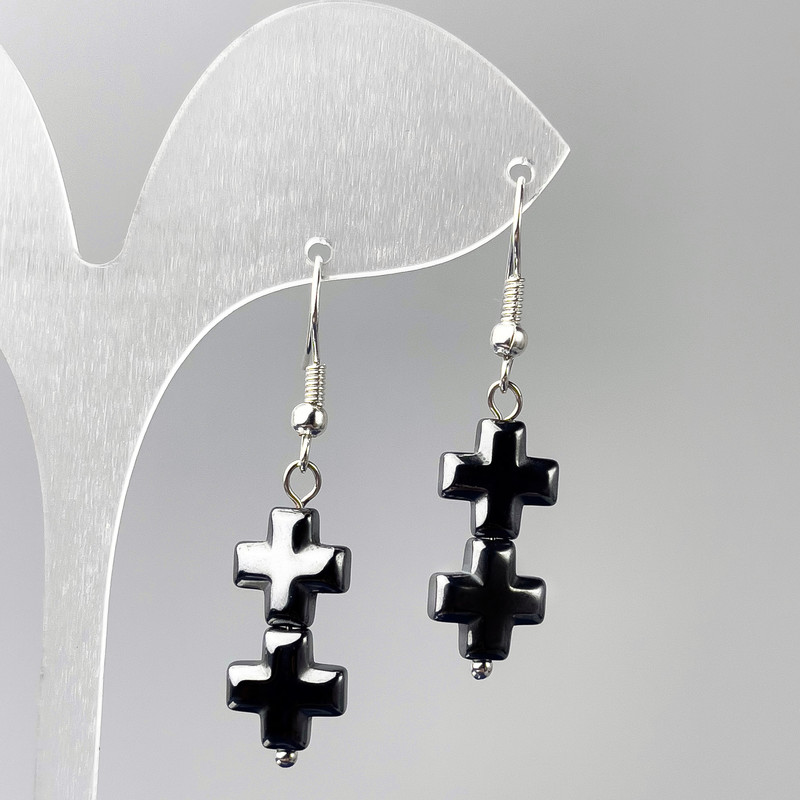 Hematite Cross Earrings, diameter 10×21 mm, length 43 mm