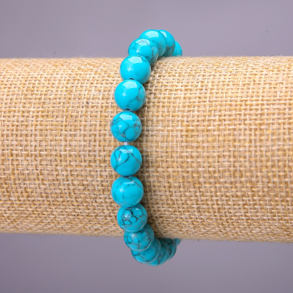 Turquoise Bracelet (synthetic) Smooth Beads, 8 mm Diameter, on Elastic, 18 cm Long