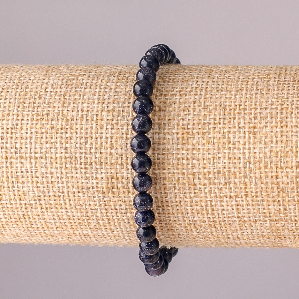Bracelet Aventurine 'Night of Cairo' Blue Sand on Elastic, Smooth Bead, 6 mm Diameter, 18 cm Circumference