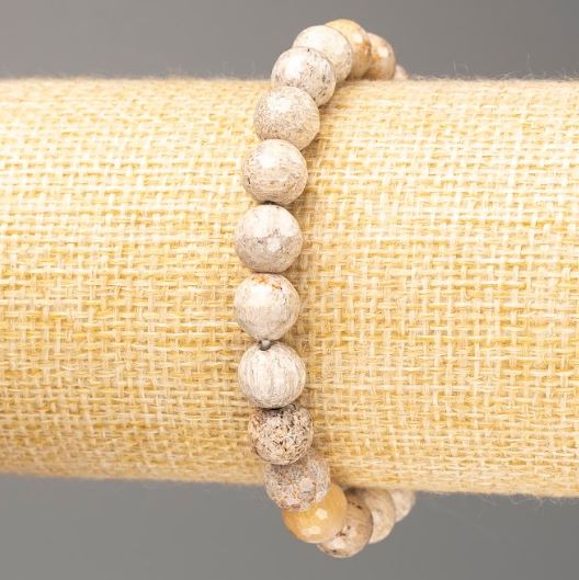 Fossilized Coral Bracelet with a Faceted Bead, 8 mm Diameter, 18 cm Length (stretch)