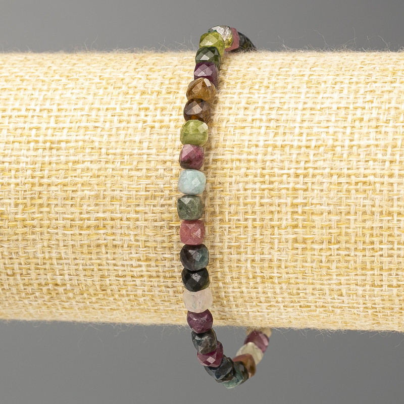 Bracelet with natural tourmaline gemstone, faceted cube, diameter 4.5 mm, length 18 cm (stretch)