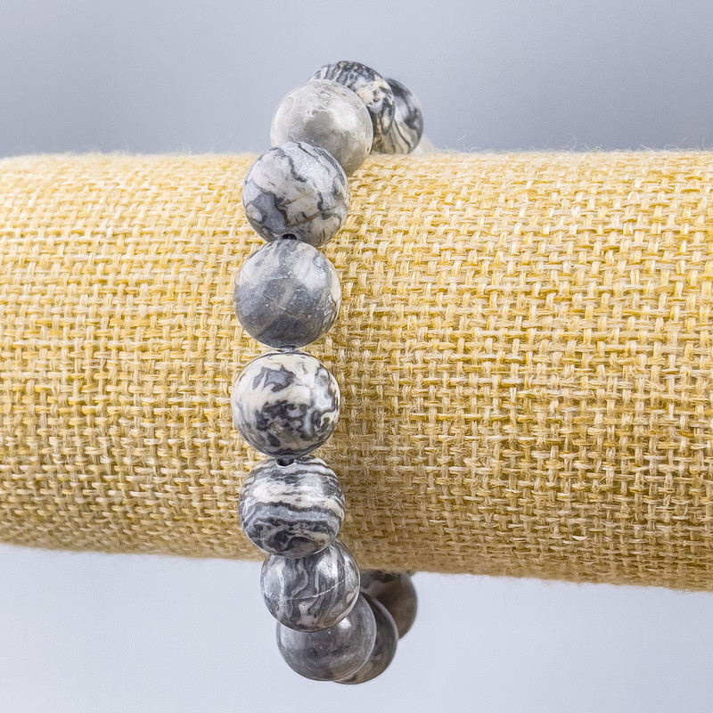 Bracelet Gray Ocean Jasper (Synthetic Acrylic) Smooth Beads, 12mm Diameter, 18cm Length (Stretch)