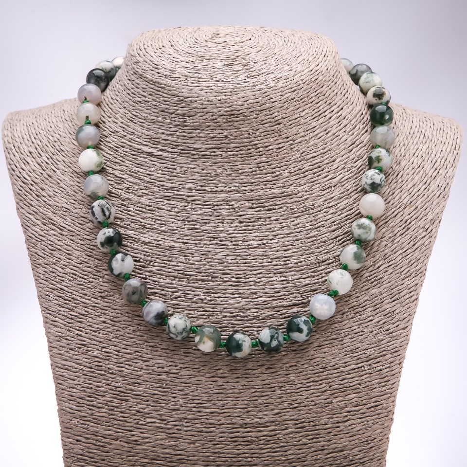 Moss Agate Natural Stone Necklace with Smooth Beads, approx. 8 mm diameter, length approx. 45 cm