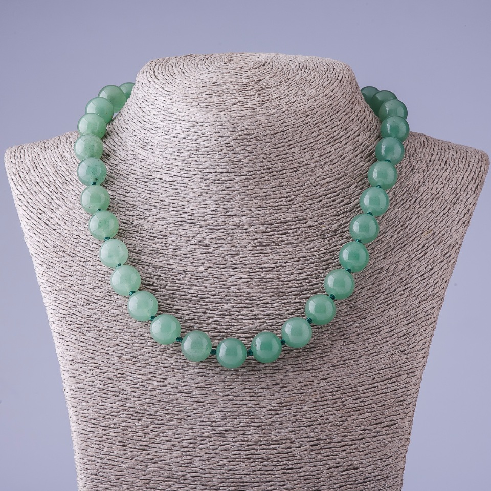 Nephrite natural stone necklace, smooth bead, 12 mm diameter, 48 cm length