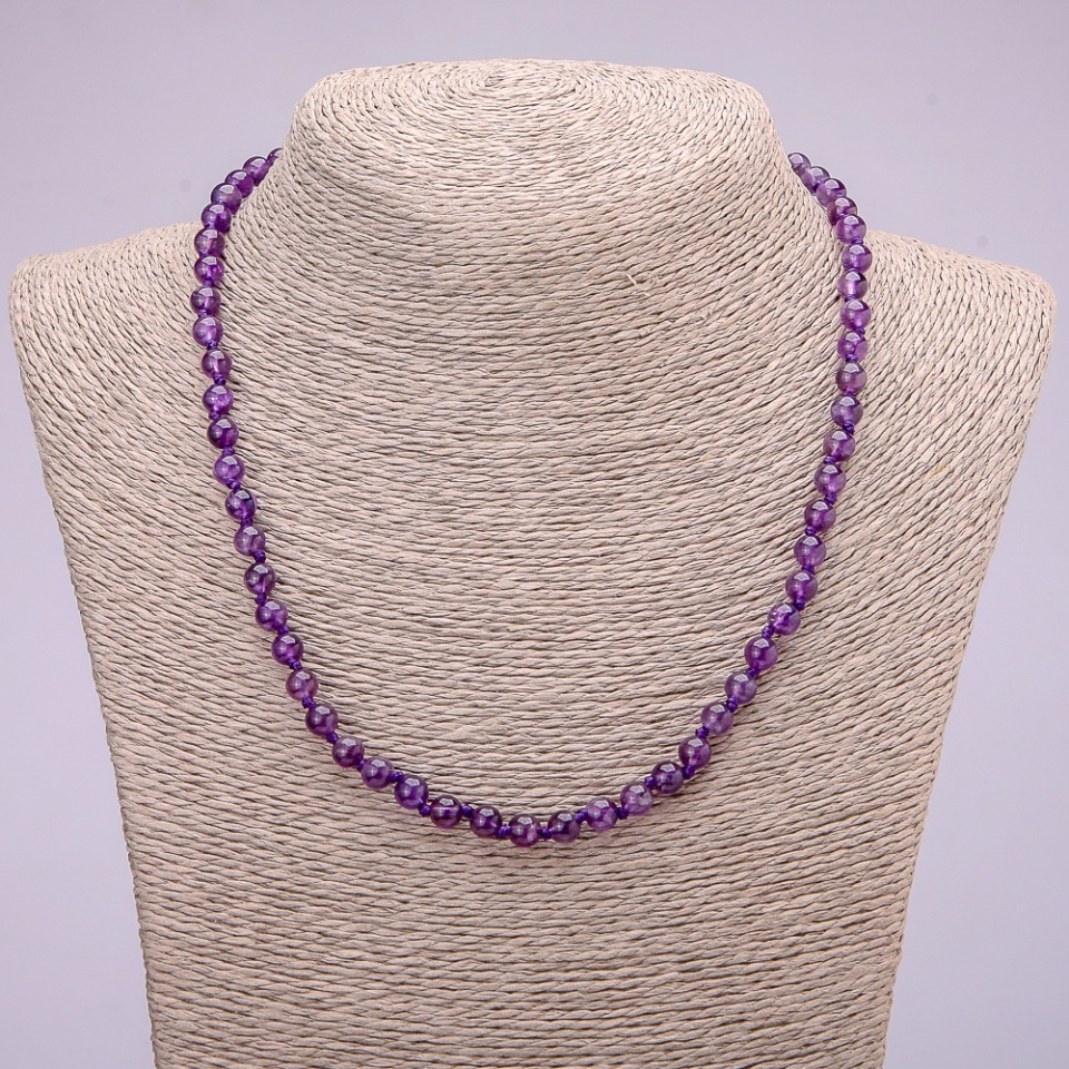 Natural Amethyst Necklace with smooth round beads, 6 mm diameter, 48 cm length