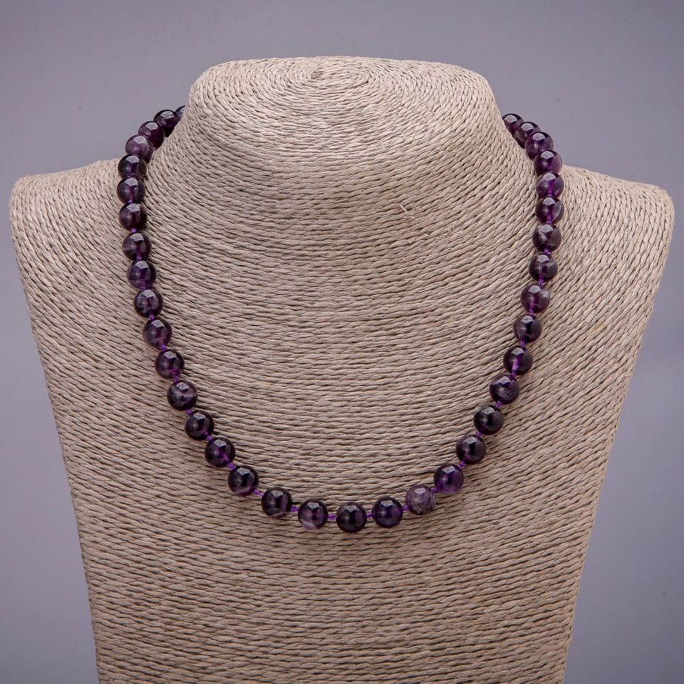 Amethyst stone necklace with smooth beads, 8(±)mm diameter, 45 cm length