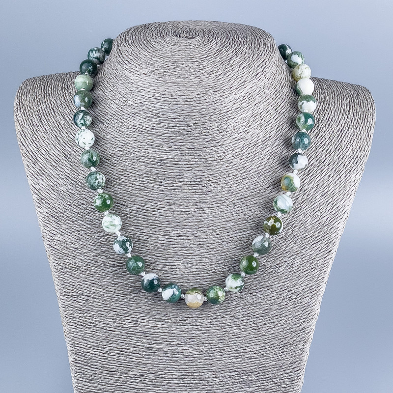 Moss Agate Natural Stone Necklace with Smooth Bead, 10mm Diameter, 48cm Length +