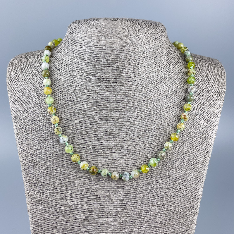 Natural Stone Necklace Green Opal, Smooth Bead, 7mm Diameter, 52cm Length +