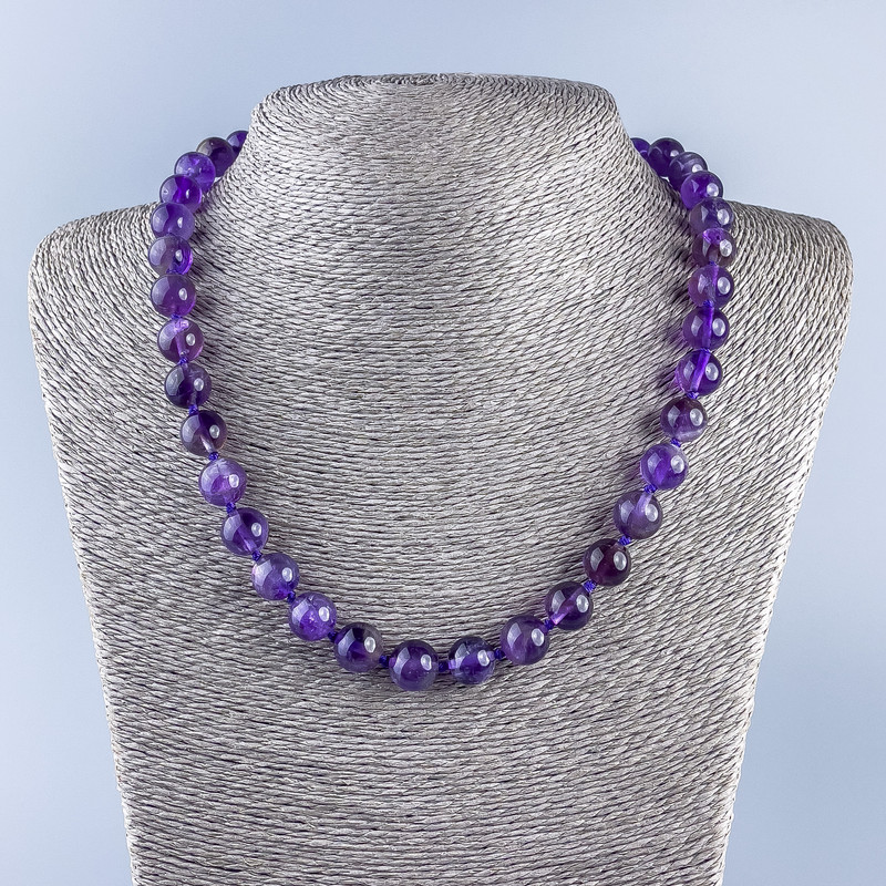 Beaded Necklace of Natural Amethyst with Smooth Beads, 10.5 mm Diameter, 48 cm Length