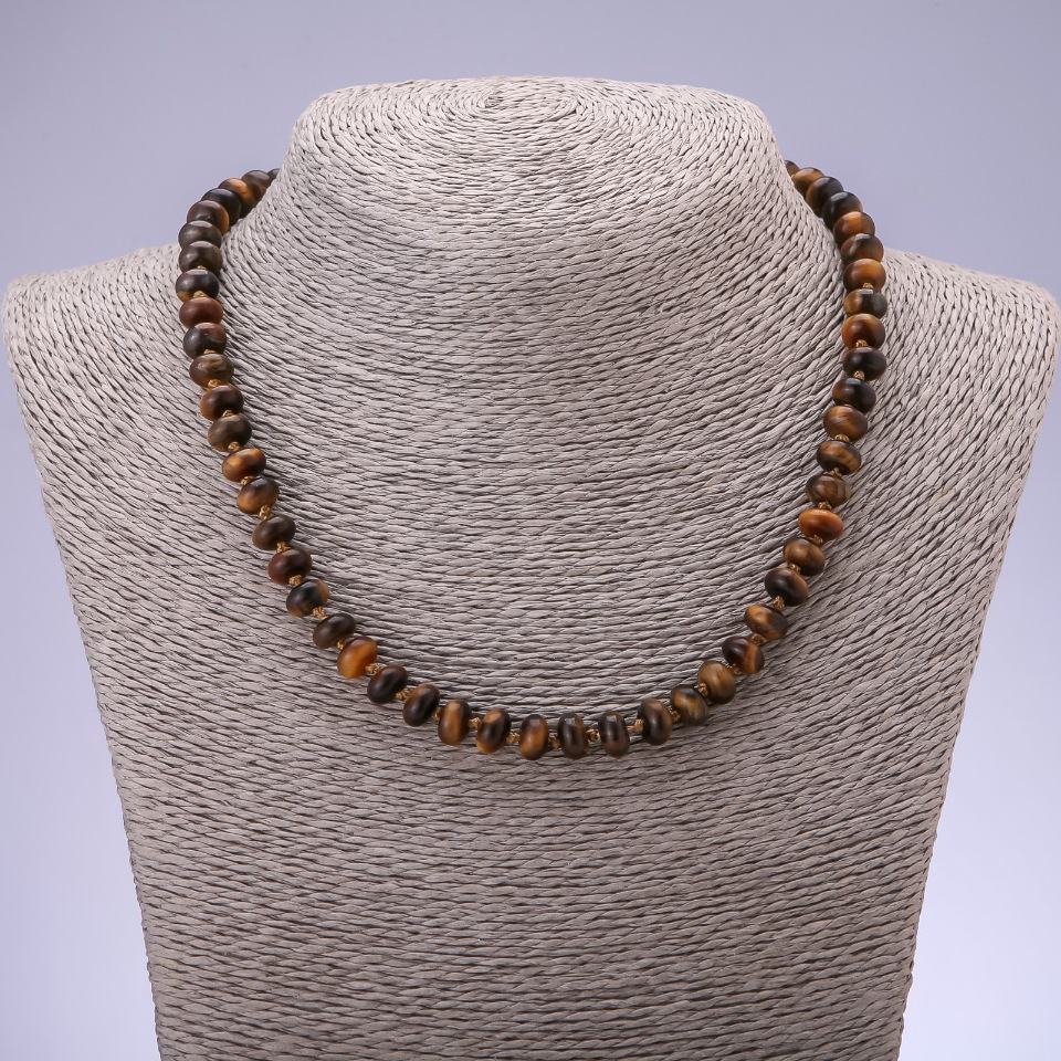 Necklace with natural tiger's eye stone, smooth rondel, 8×5 mm diameter, 45 cm long