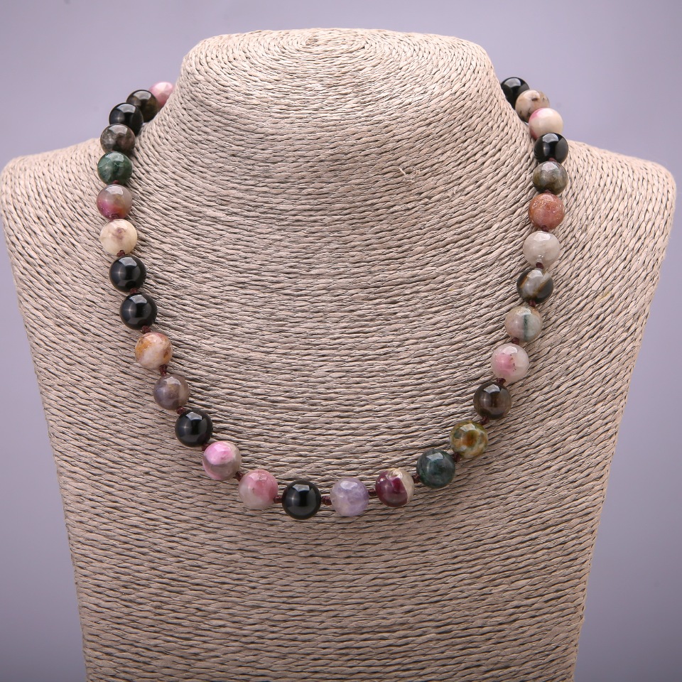 Natural Tourmaline Necklace with Smooth Beads, 10 mm (±) Diameter, 45 cm Length