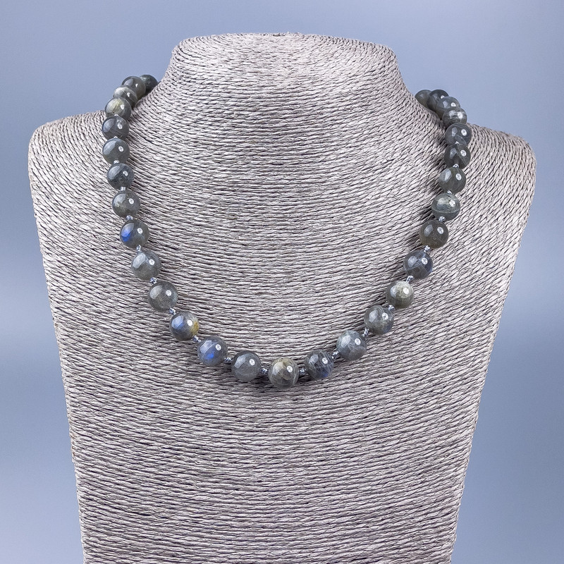 Labradorite natural stone necklace with smooth beads, 10 mm diameter, 50 cm length ±