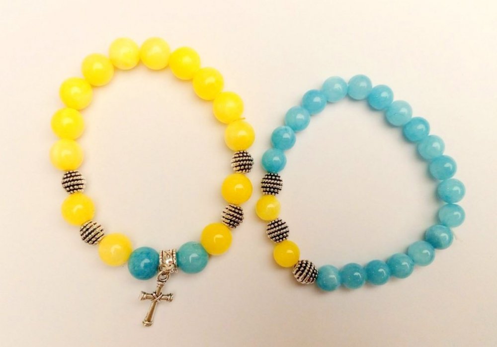 Bracelet "Ukraine" paired set for two, Aquamarine and Citrine (synthetic acrylic) smooth beads with silver-tone inserts on elastic, length 18 cm+