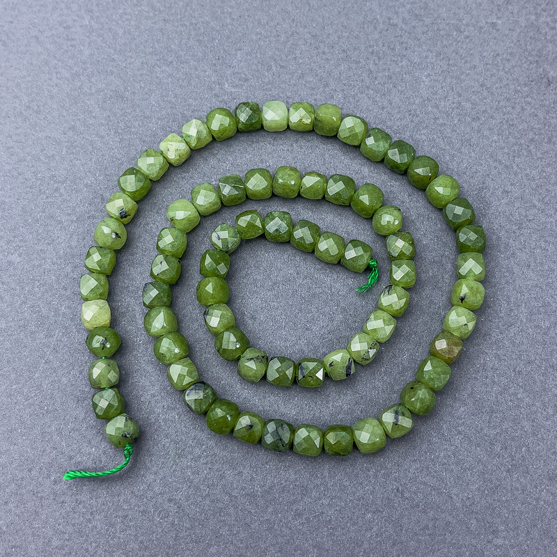 Canadian Jadeite Beads, Faceted Cube Stones on Thread, 5×5 mm diameter, 38 cm length