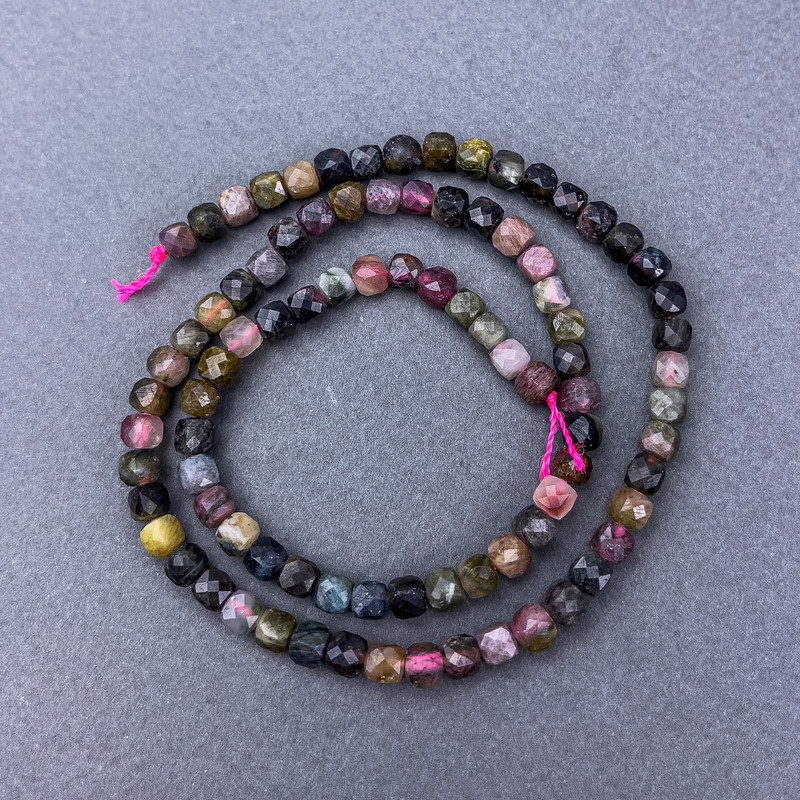 Tourmaline Beads, Natural Stone, Faceted Cube on Thread, Diameter 4x4 mm±, Length 40 cm±