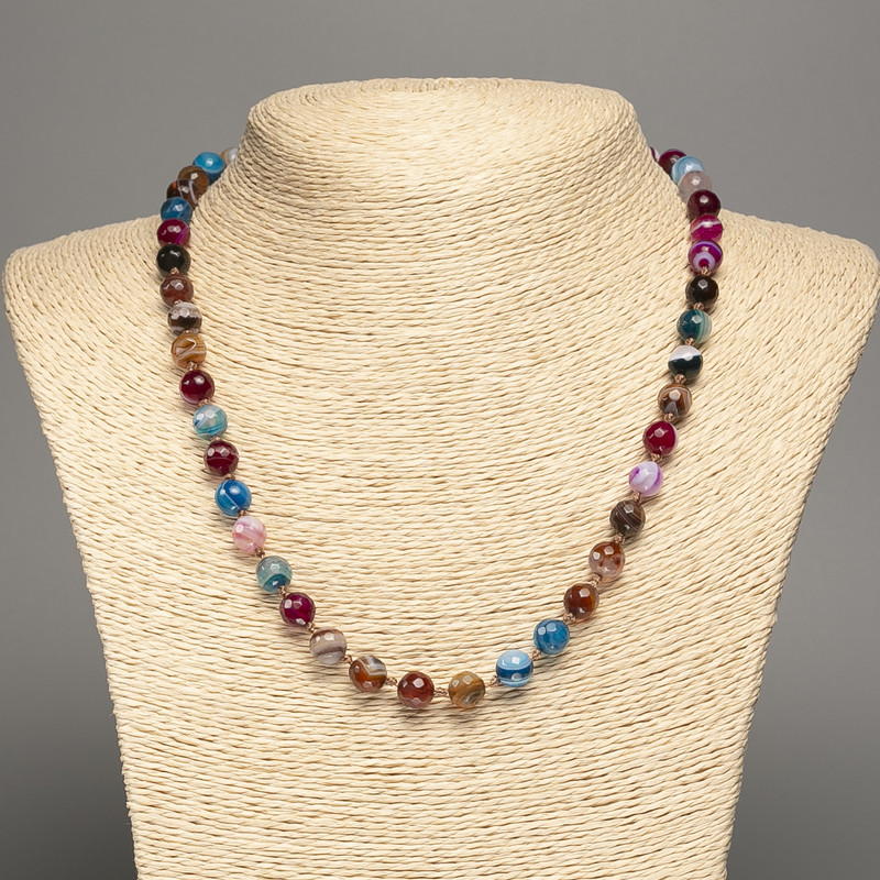 Beaded Necklace of Multicolored Agate with a Faceted Bead, 8 mm diameter, 49 cm length +