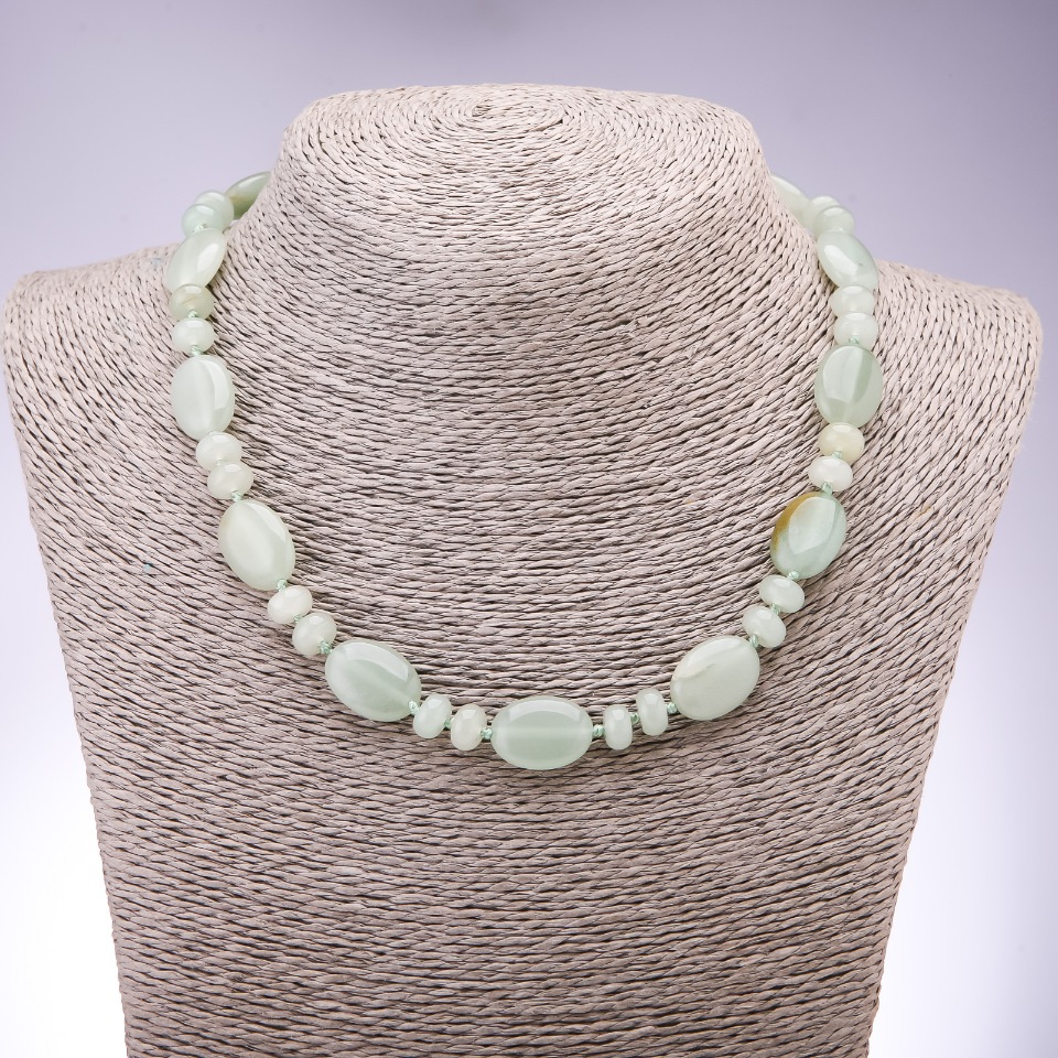 Natural Jade Necklace with Flat Oval Beads, 13x18 mm, Rondelles 9x6 mm, Length 45 cm