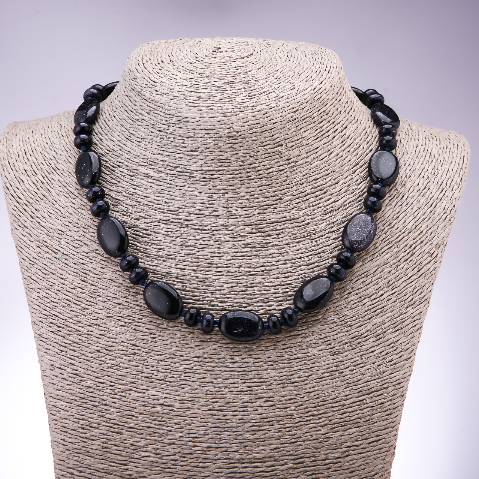 Necklace made of synthetic Aventurine stone 'Blue Sand of Cairo Night' with flat oval beads 13×18 mm and rondelle beads 9×6 mm, length 45 cm