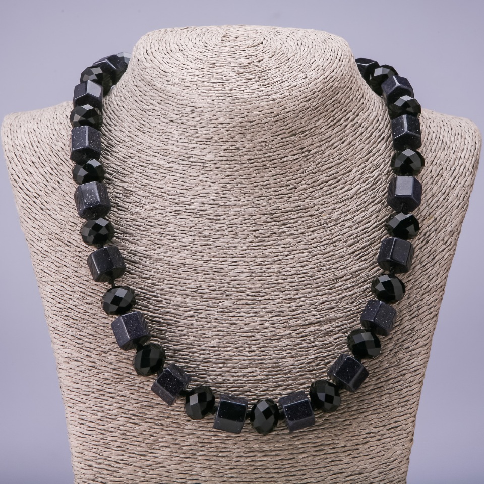 Beads 'Aventurine' 'Blue Sand Cairo Night' hexagonal, diameter 12mm, agate rondelle, diameter 14x11mm, length 50cm