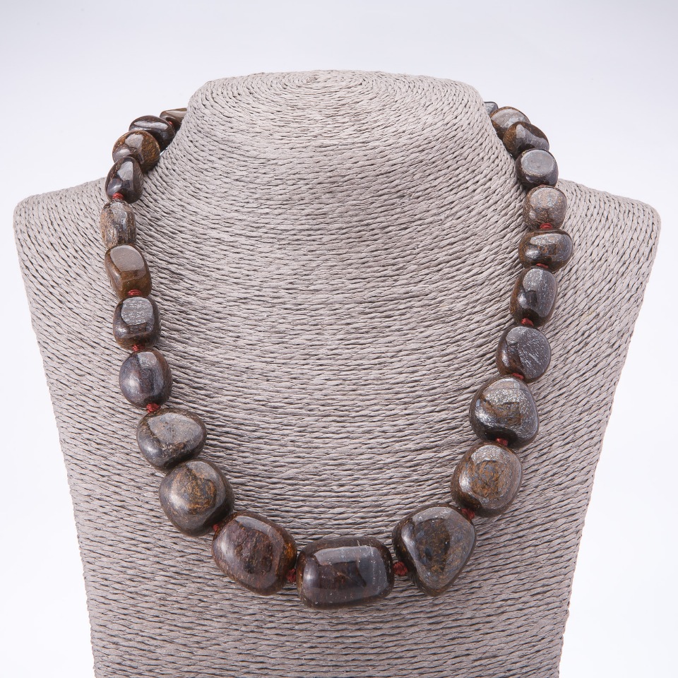 Natural Bronzite Necklace with Bead Size Progression, 9-23 mm, Length 48 cm