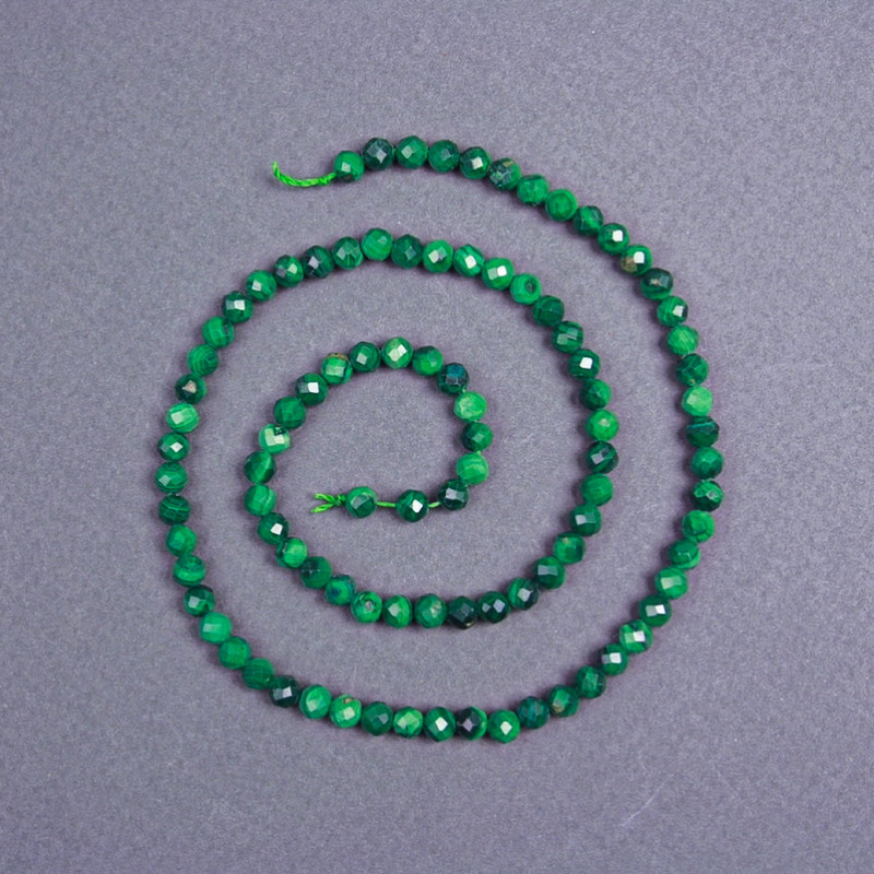 Malachite Beads, Natural Stone, Faceted Round Bead, 4 mm ±, On Thread, Length 40 cm+