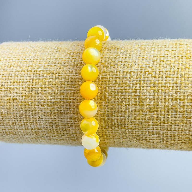 Bracelet Yellow Mother-of-Pearl, Smooth Bead, 8mm Diameter, 18cm Length (stretch)