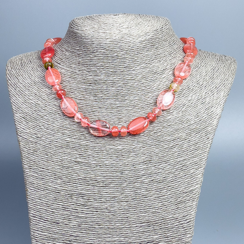 Chalcedony Necklace of Natural Stone with Oval Beads, 18×12 mm, Rondelle 8×5 mm, Length 46 cm