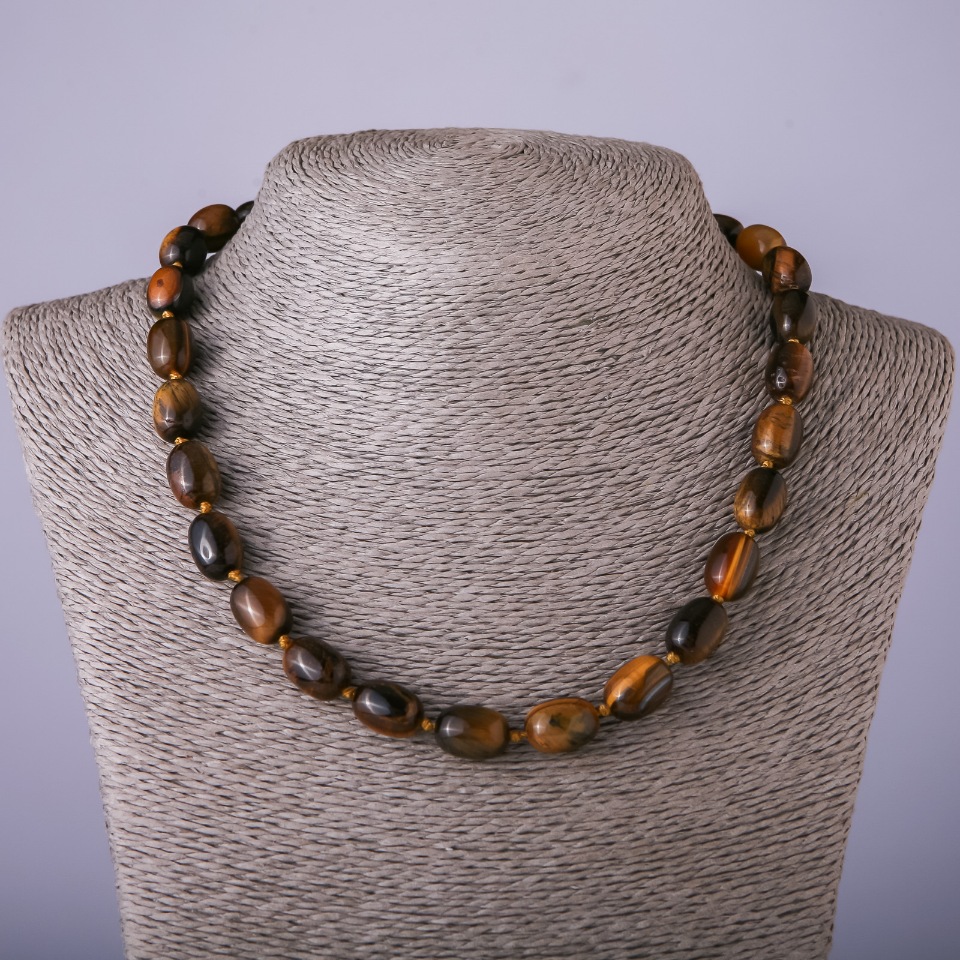Natural Tiger's Eye Necklace - Barrel Shape Beads, Bead Size 10x14 mm, 47 cm Long