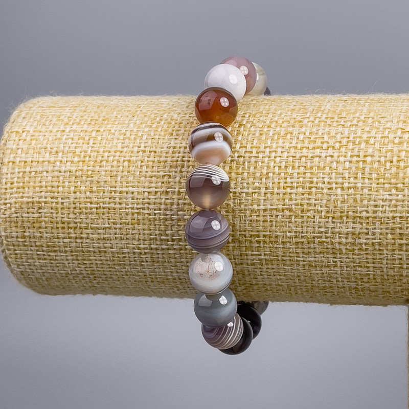Botswana agate natural stone bracelet, smooth beads, 10 mm diameter, 18 cm length, stretch
