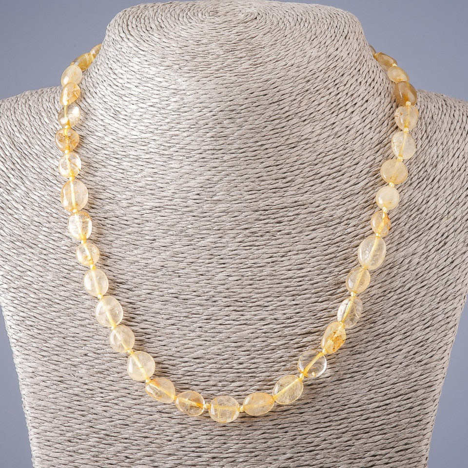 Natural Stone Rutilated Quartz Necklace - Golden 'Hairy' Coin Beads, 47 cm length, 5-10 mm diameter