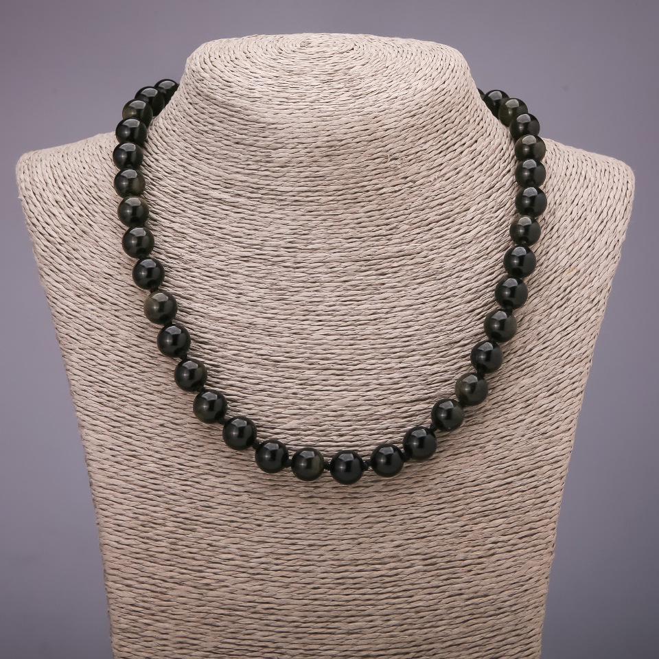 Necklace of natural Sun Obsidian with smooth beads, 10mm diameter, 48cm length