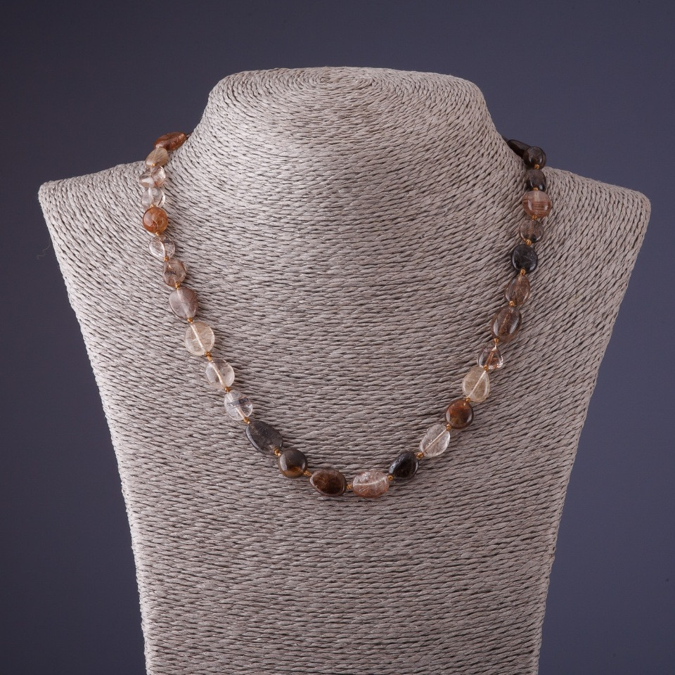 Beaded Necklace of Chocolate Hair Quartz — Faceted Oval, 8-10 mm Diameter, 45 cm Length