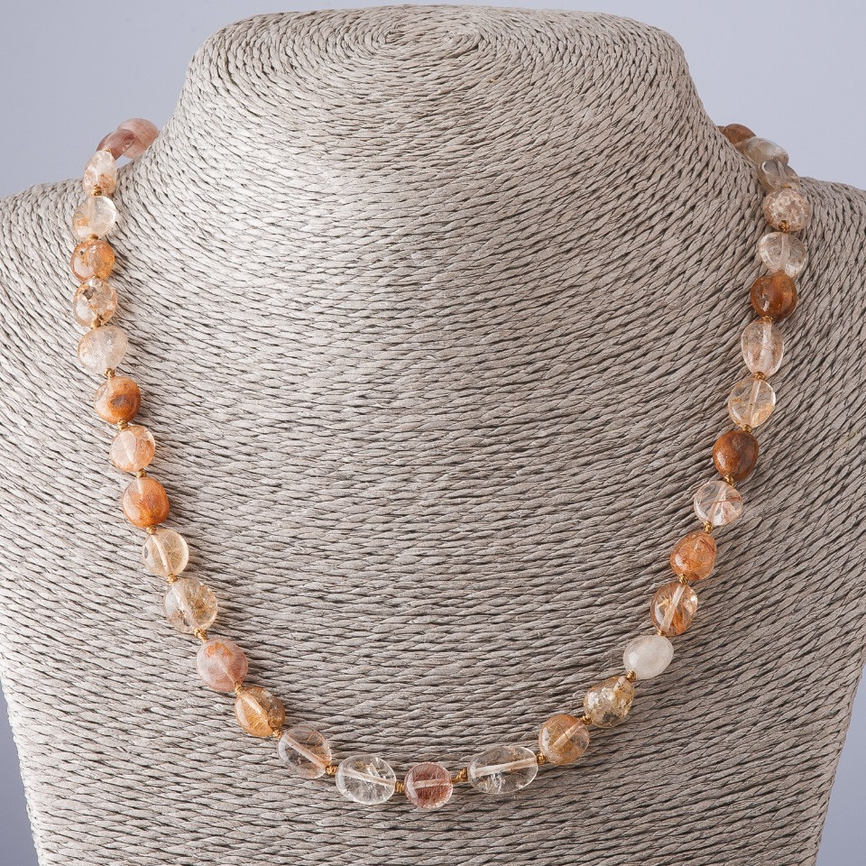 Necklace of golden rutile quartz (Hair Quartz), length 49 cm, bead diameter 7–11 mm