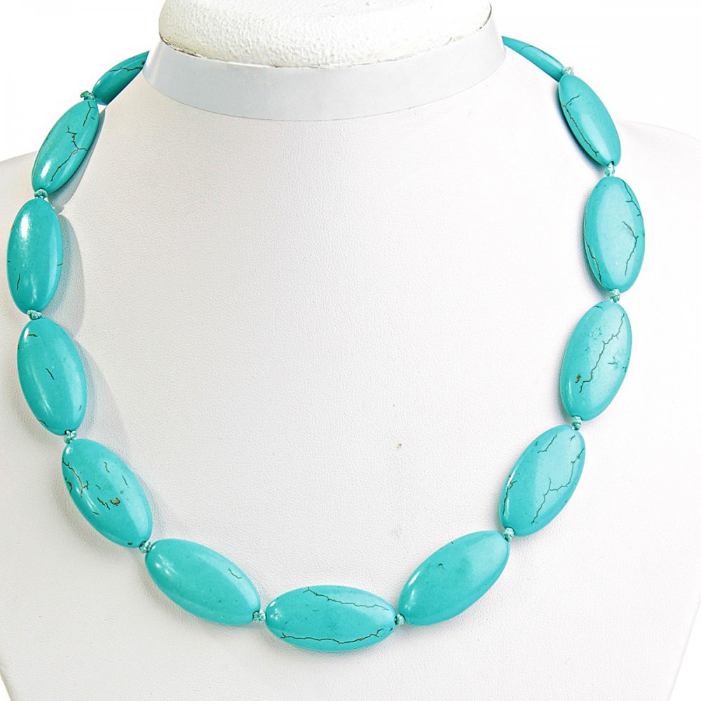 Green Turquoise Necklace with Veining, Oval Beads 15×30 mm, Length 50 cm