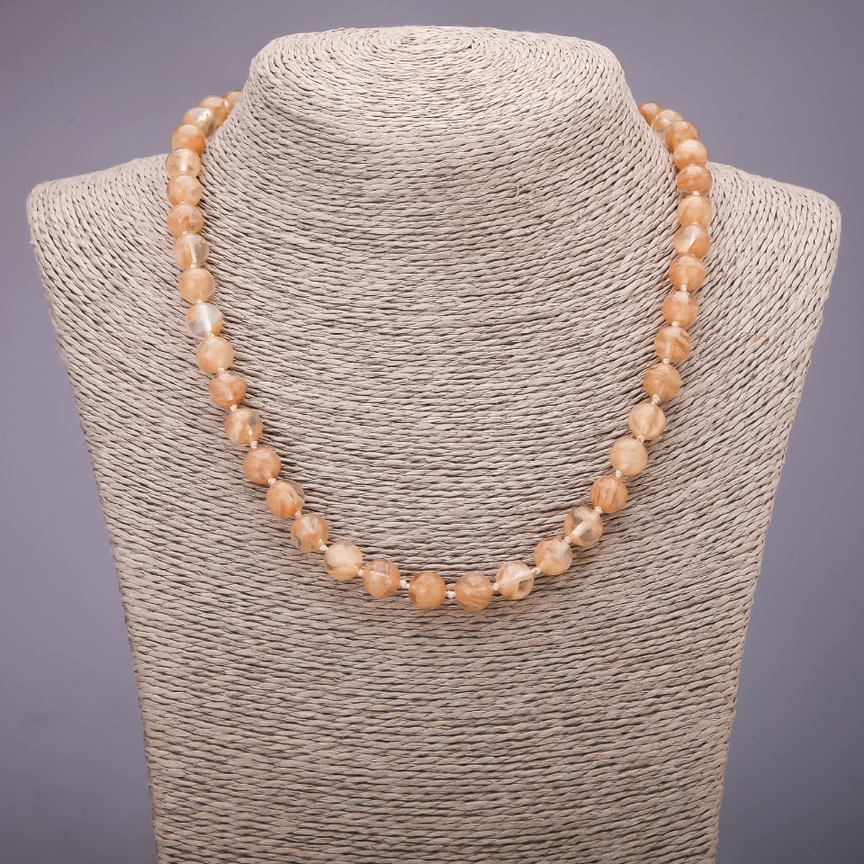 Necklace of quartz 'Hair Quartz' (synthetic) smooth beads, 8mm diameter, 45cm length