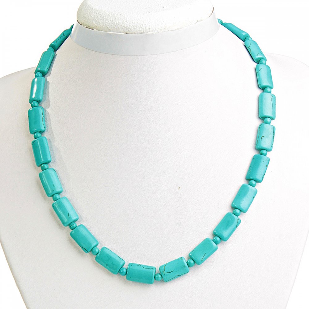 Turquoise Beads with Veining, Rectangular 10×15 mm Elements Alternating with a Bead, 48 cm Long