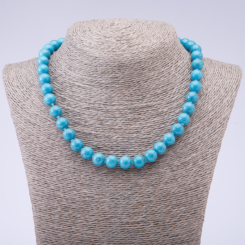 Turquoise Stone Necklace (Pressed) Blue with Veins, Glossy Bead, 10mm Diameter, 45cm Length