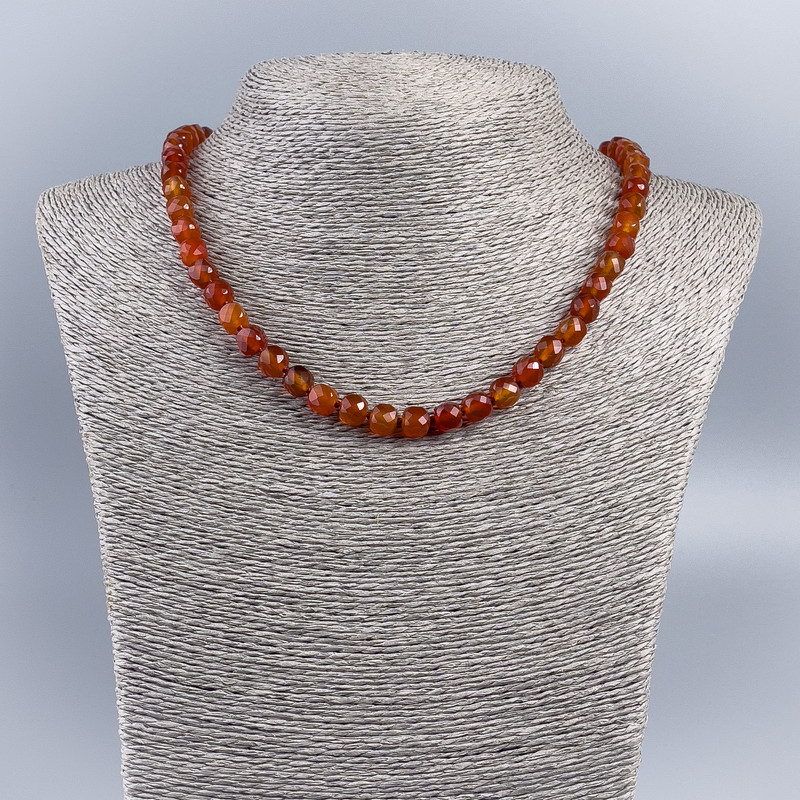 Carnelian natural stone necklace with faceted cube beads, 7 mm diameter, 48 cm length