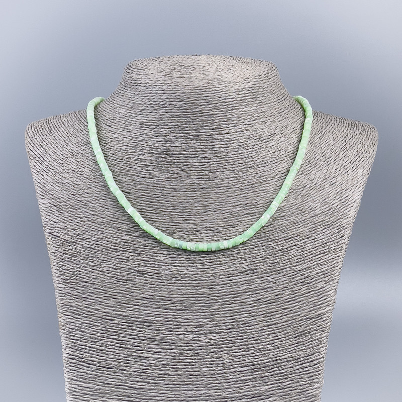 Mint-tinted natural mother-of-pearl choker necklace with smooth rondelle beads, 4x2 mm, 48 cm long