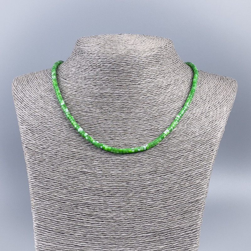 Choker Necklace Made of Natural Mother-of-Pearl (Dyed) Green Smooth Rondelles, 4×2 mm, Length 48 cm
