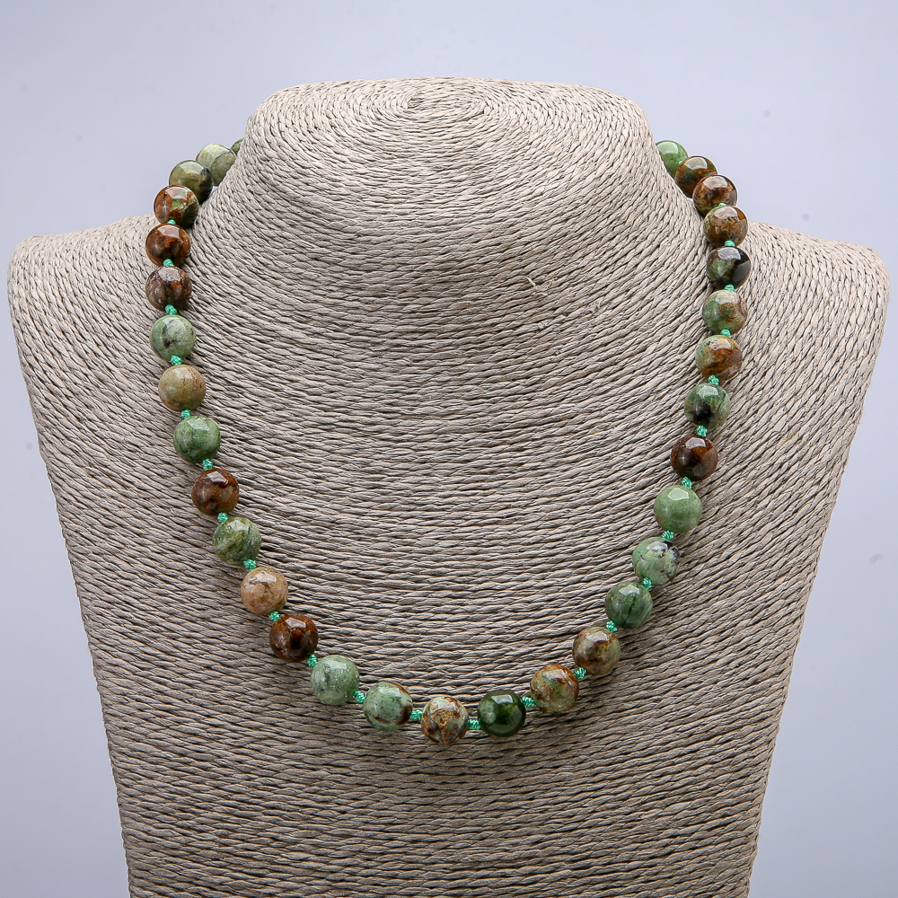 Natural Stone Necklace in Green Jasper, Smooth Beads, 10 mm Diameter, 46 cm Length