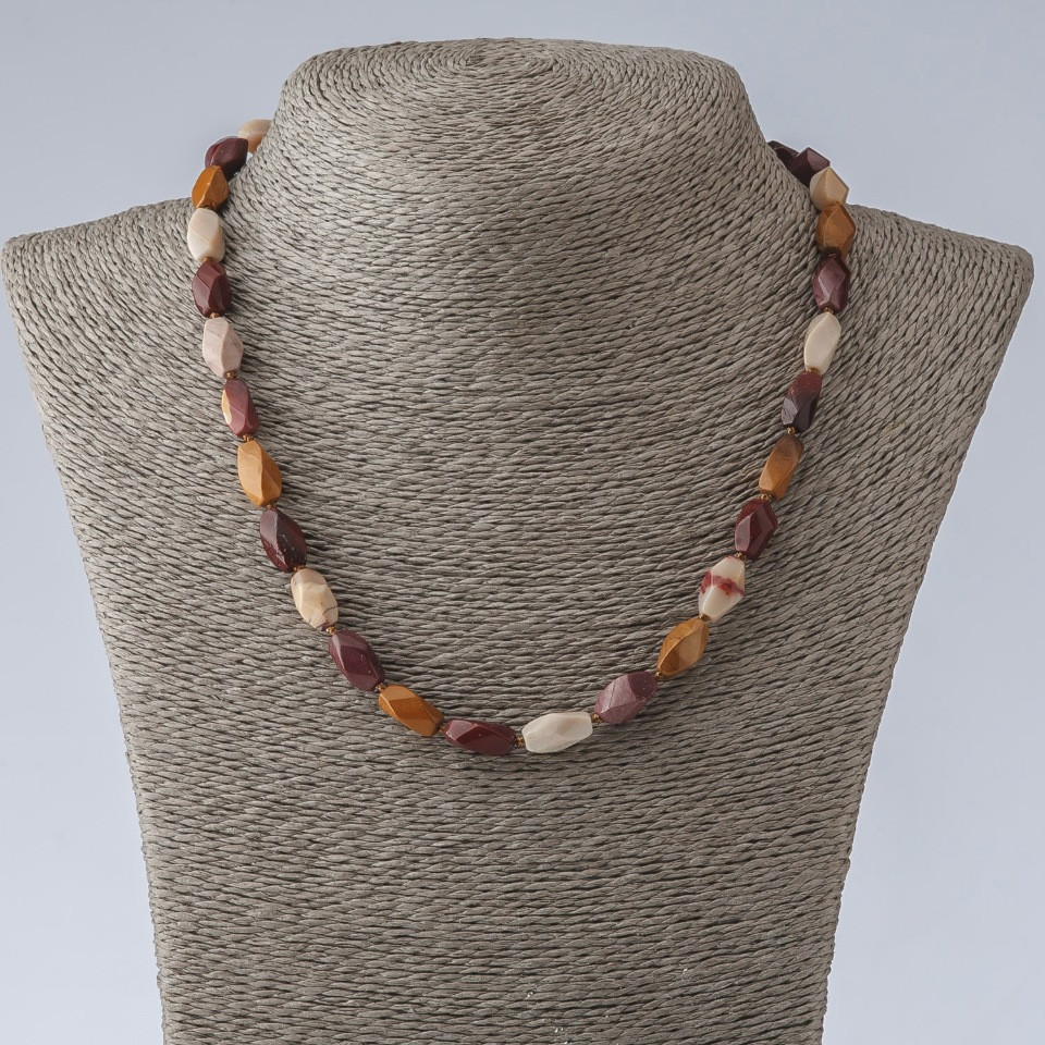 Mookaite Jasper Necklace, curved cylinder beads, natural stone, length 47 cm, diameter 15×7 mm