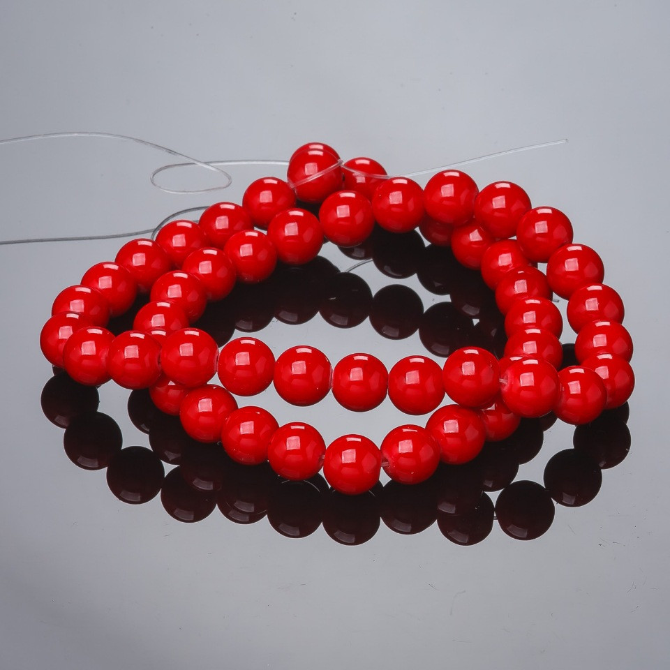 Coral Beads on Thread (Pressed), Smooth Spheres, 8mm Diameter, 37cm Length (+/-)