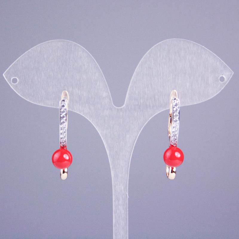 Xuping Earrings with 18K Gold Plating, White Crystals and Red Bead, 30x8 mm+