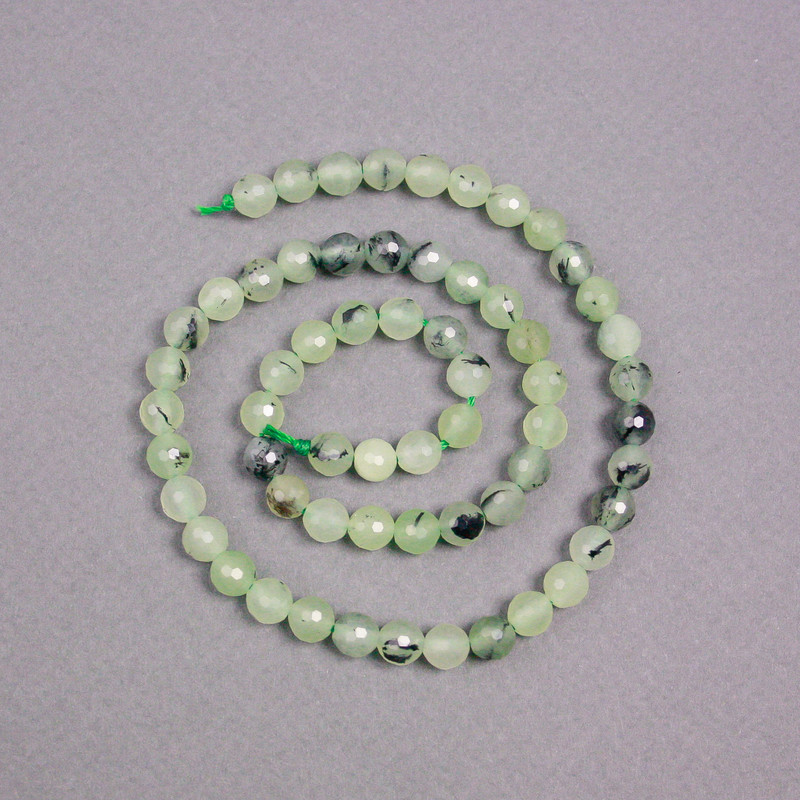 Prehnite natural stone beads on thread, faceted round beads, 6 mm diameter, 39 cm length