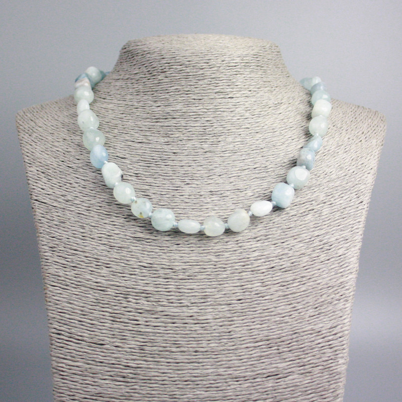 Aquamarine Necklace with Natural Gemstone, Faceted Beads, 11×9 mm Diameter, Length 47 cm